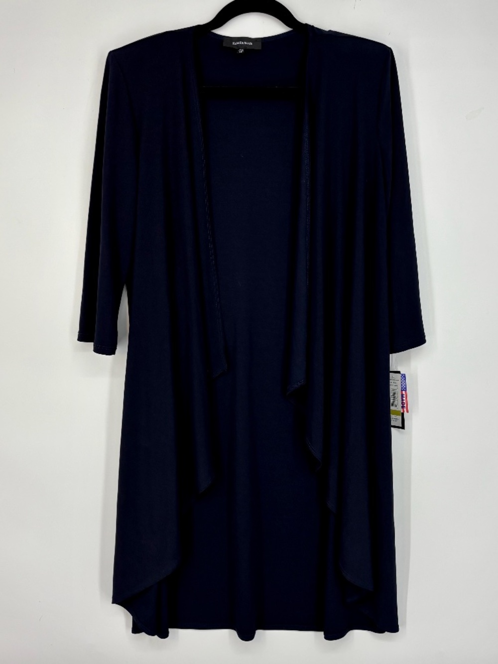 R&M Richards Womens Size 14 Open Front Knit Duster Cardigan Navy Blue 3/4 Sleeve
